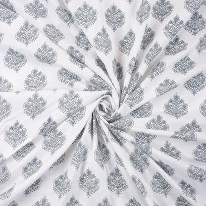 Gray Floral Boota 100% Cotton Hand Block Print Fabric
