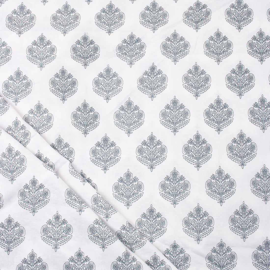 Gray Floral Boota 100% Cotton Hand Block Print Fabric