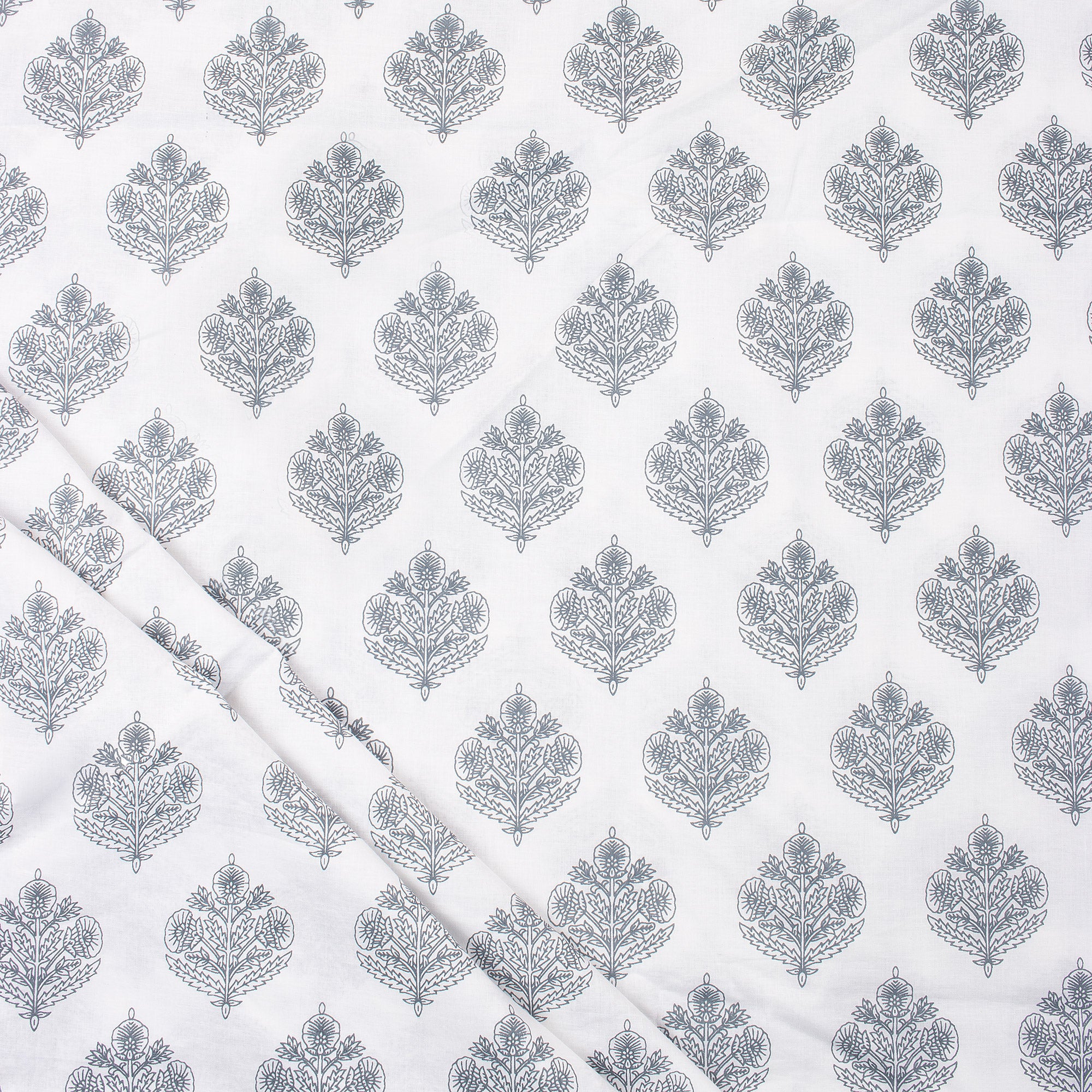 Gray Floral Boota 100% Cotton Hand Block Print Fabric