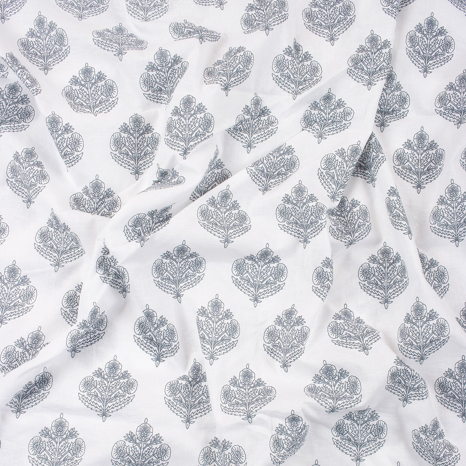 Gray Floral Boota 100% Cotton Hand Block Print Fabric