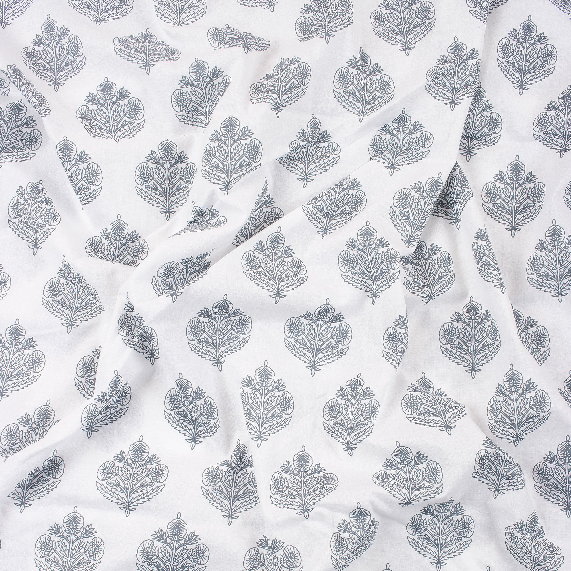 Gray Floral Boota 100% Cotton Hand Block Print Fabric