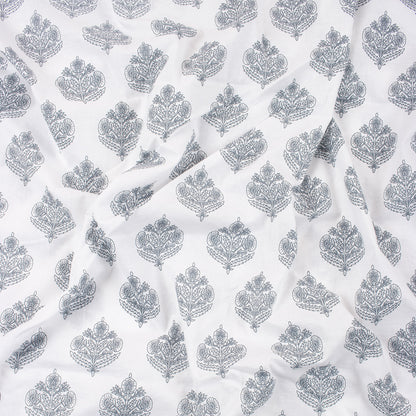 Gray Floral Boota 100% Cotton Hand Block Print Fabric