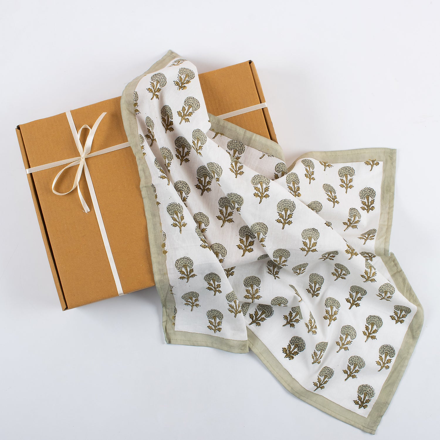 Gray Floral Hand Block Printed Cotton Bandanas For Ladies