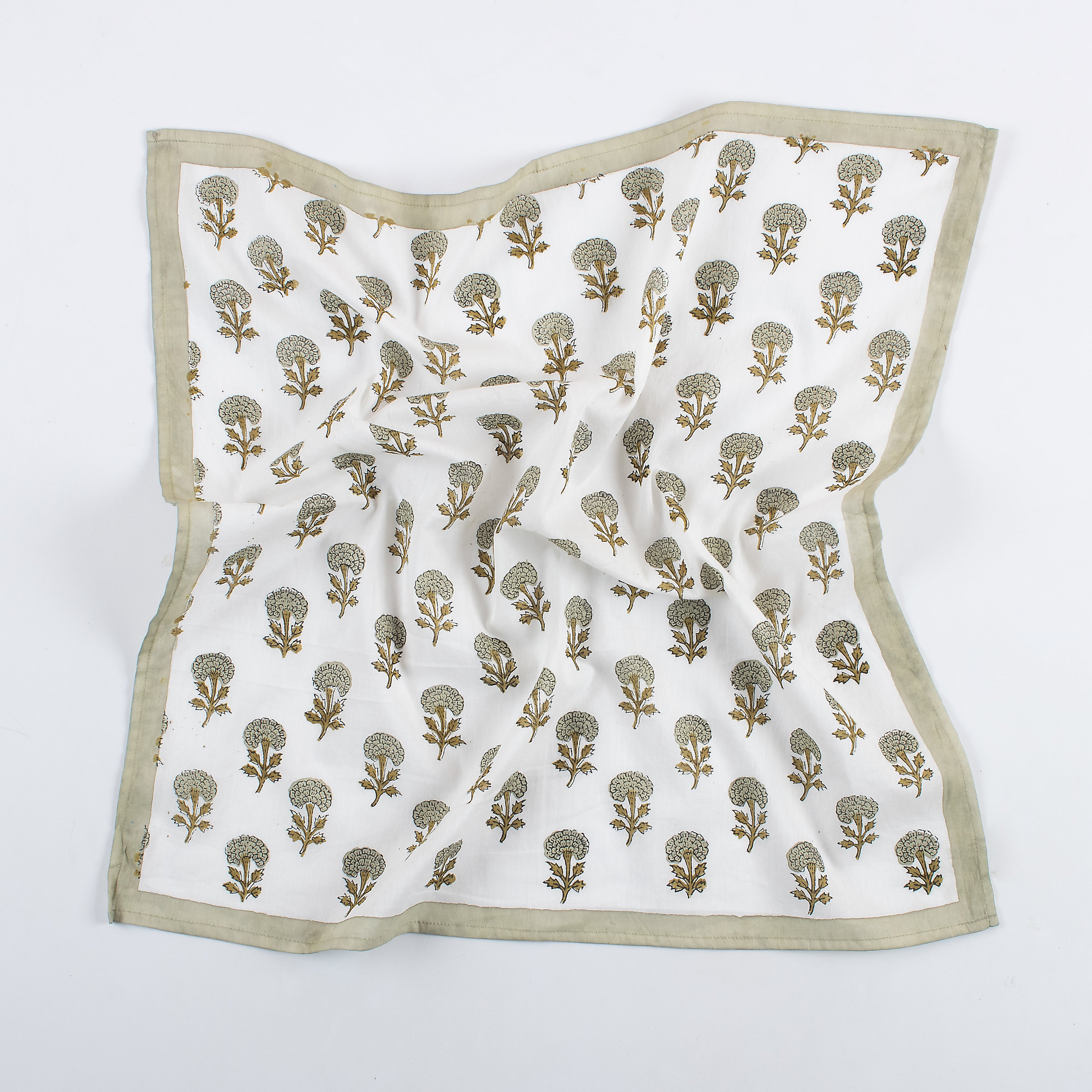 Gray Floral Hand Block Printed Cotton Bandanas For Ladies