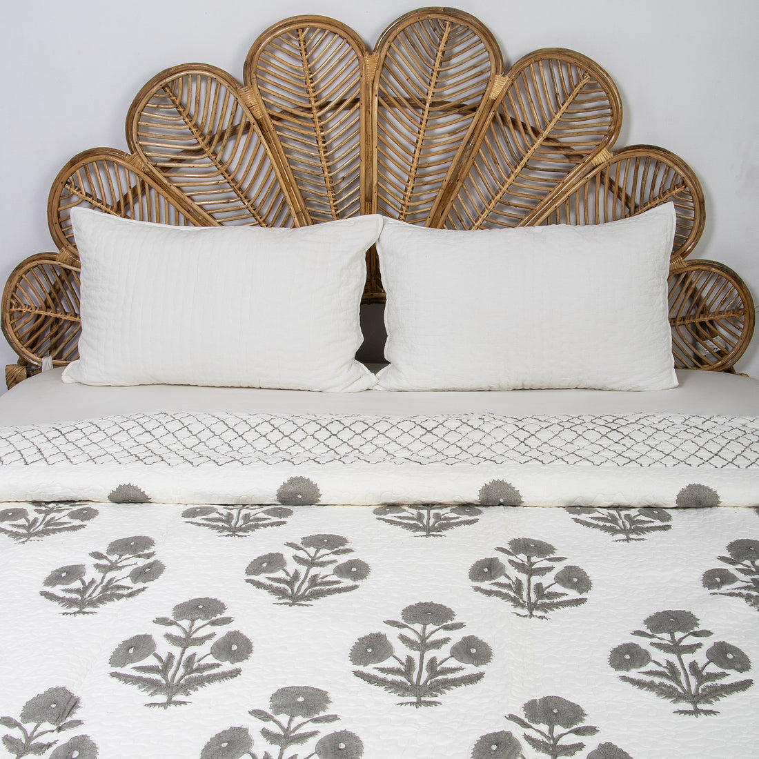 Gray Floral Hand Block Printed Machine Quilts with Pillows