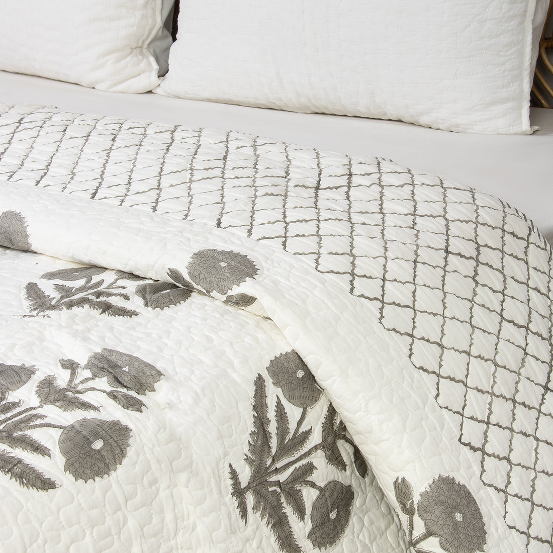 Gray Floral Hand Block Printed Machine Quilts with Pillows