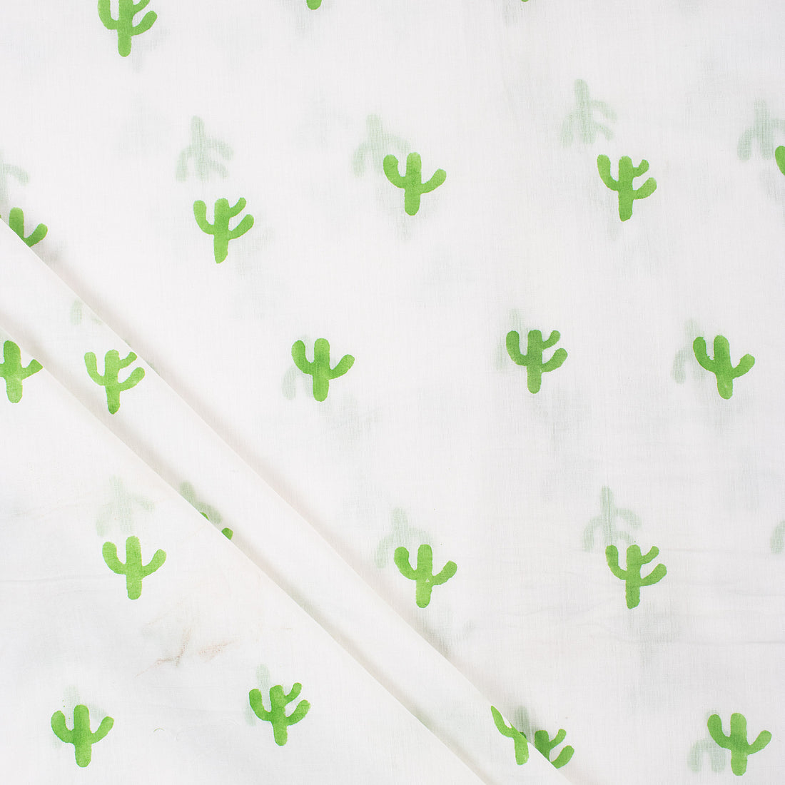 Green Cactus Block Print Indian Cotton Running Material Fabric