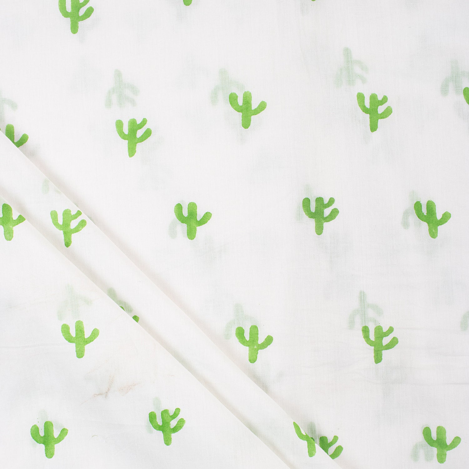 Green Cactus Block Print Indian Cotton Running Material Fabric