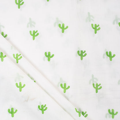 Green Cactus Block Print Indian Cotton Running Material Fabric