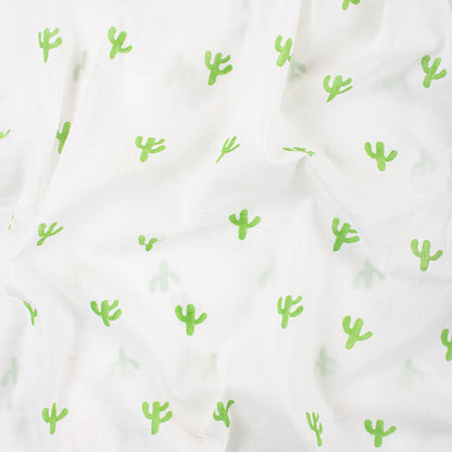 Green Cactus Block Print Indian Cotton Running Material Fabric