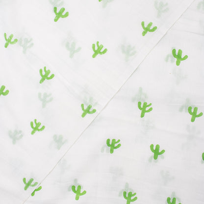 Green Cactus Block Print Indian Cotton Running Material Fabric