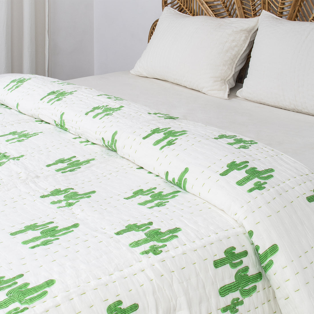 Green Cactus Block Printed Cotton Kantha Quilt Blanket