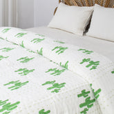 Green Cactus Block Printed Cotton Kantha Quilt Blanket