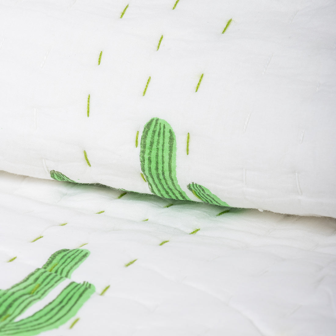 Green Cactus Block Printed Cotton Kantha Quilt Blanket
