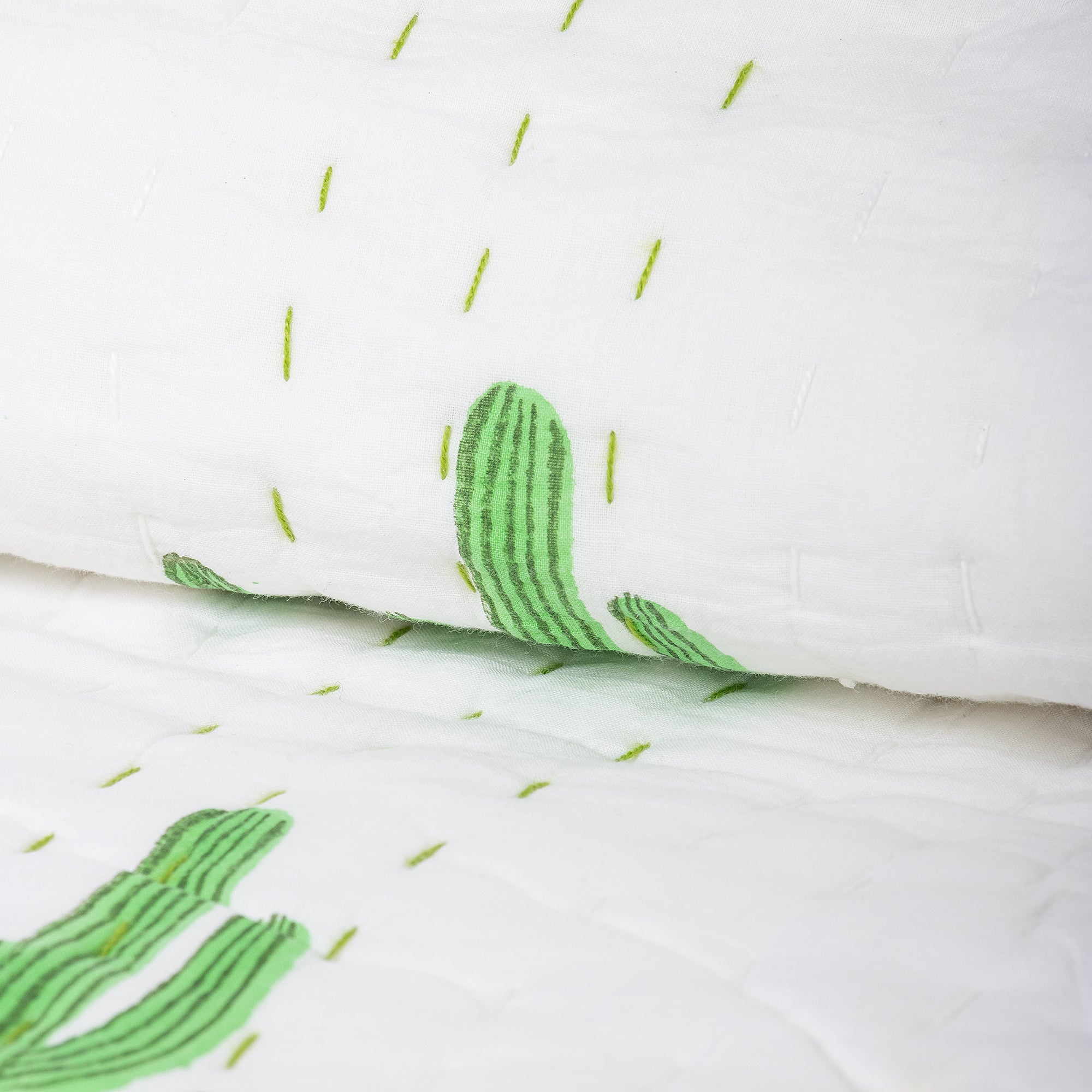 Green Cactus Block Printed Cotton Kantha Quilt Blanket