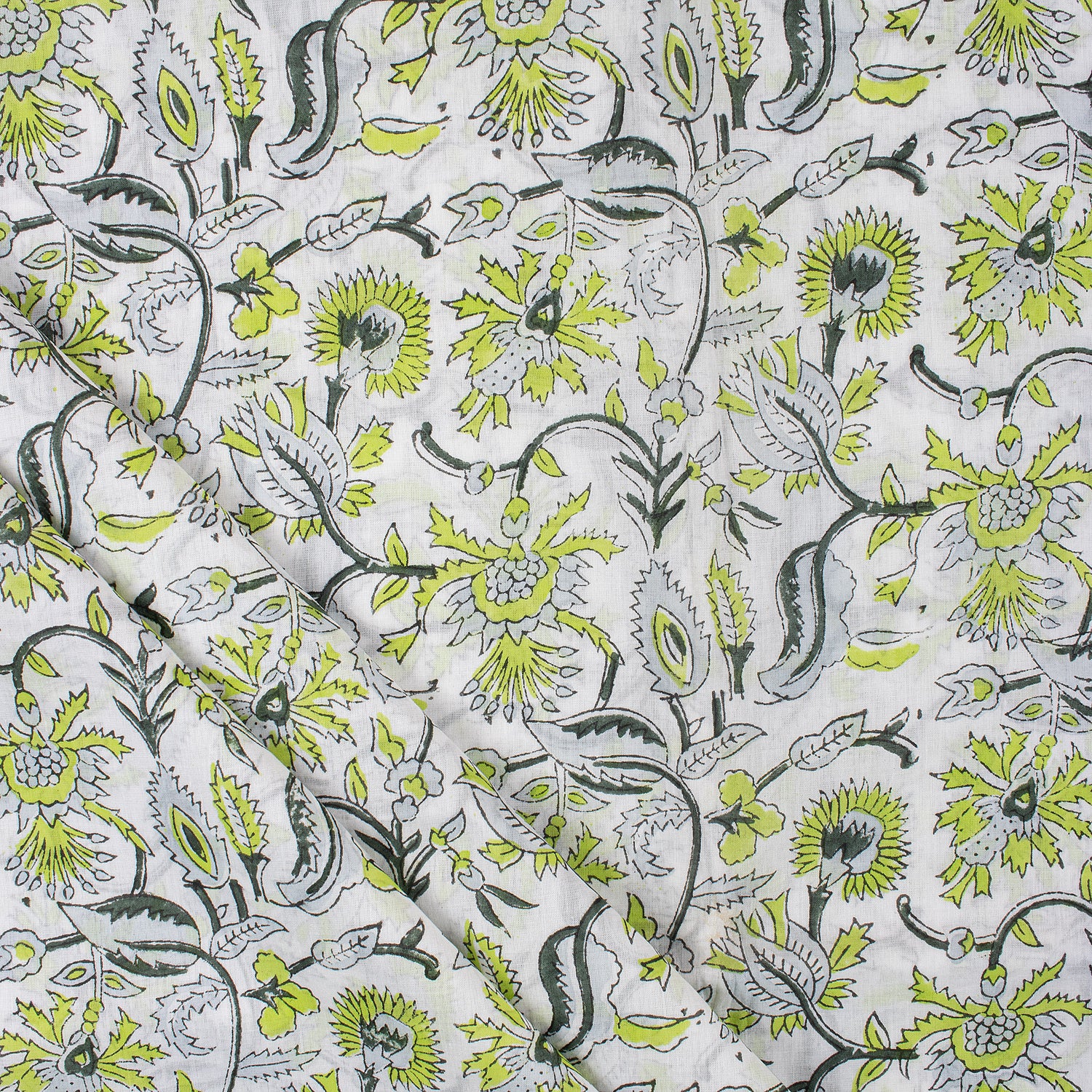Green Floral Cotton Hand Block Print Fabric