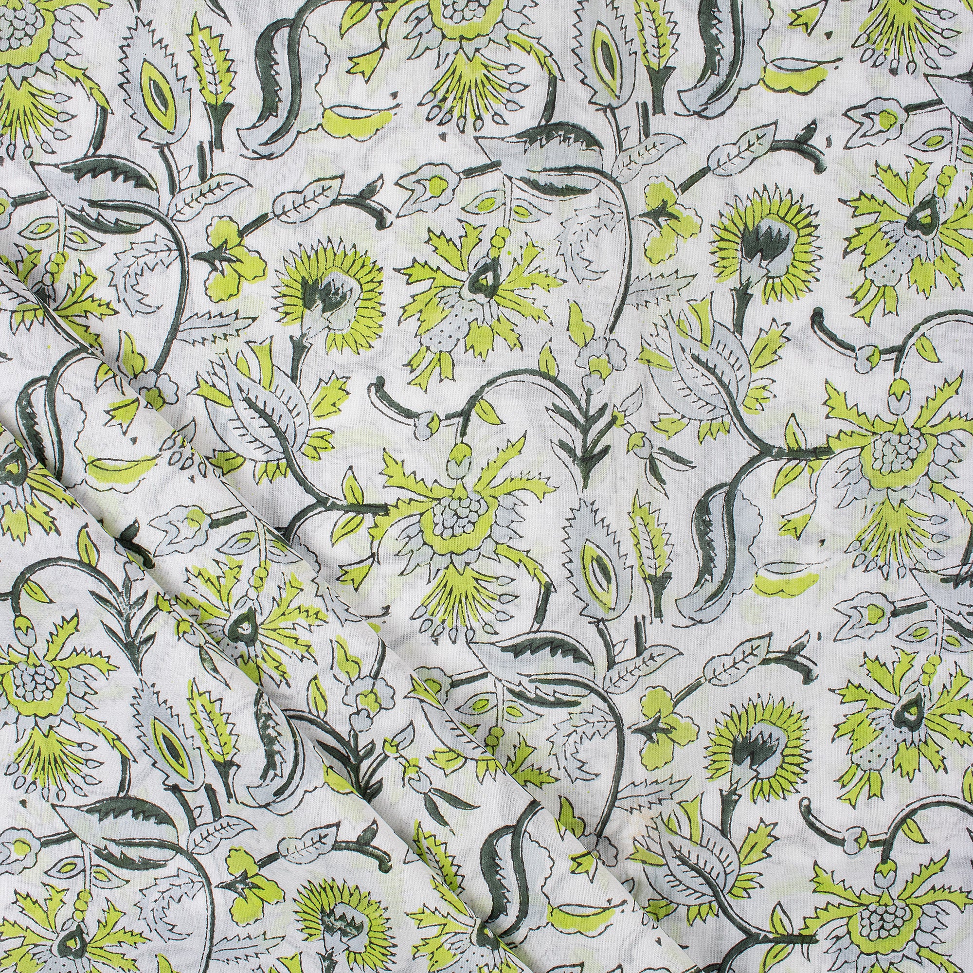 Green Floral Cotton Hand Block Print Fabric