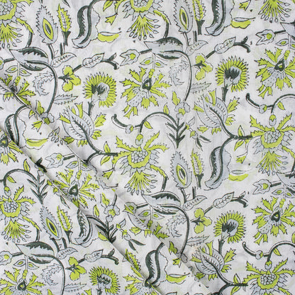 Green Floral Cotton Hand Block Print Fabric