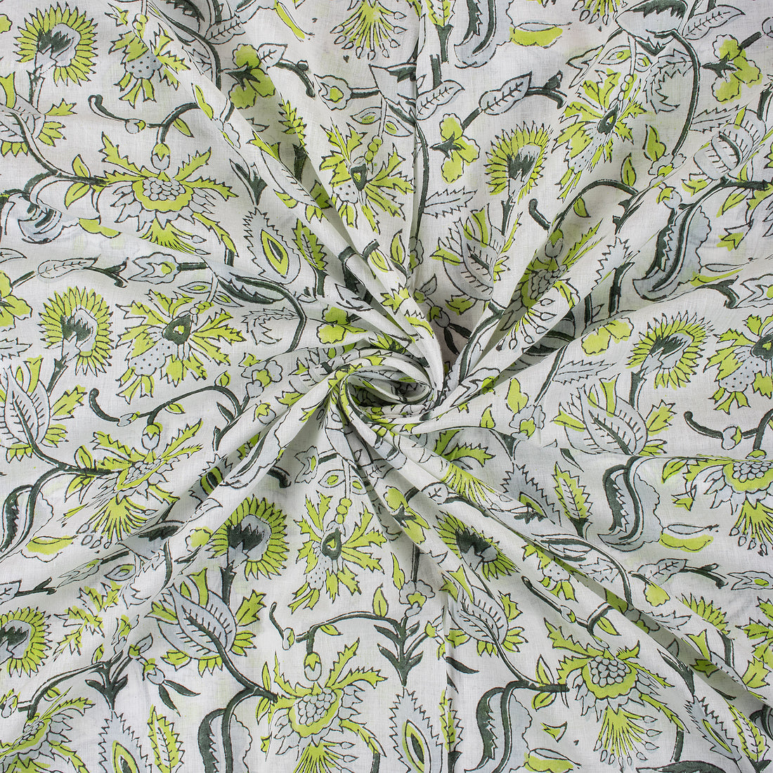 Green Floral Cotton Hand Block Print Fabric