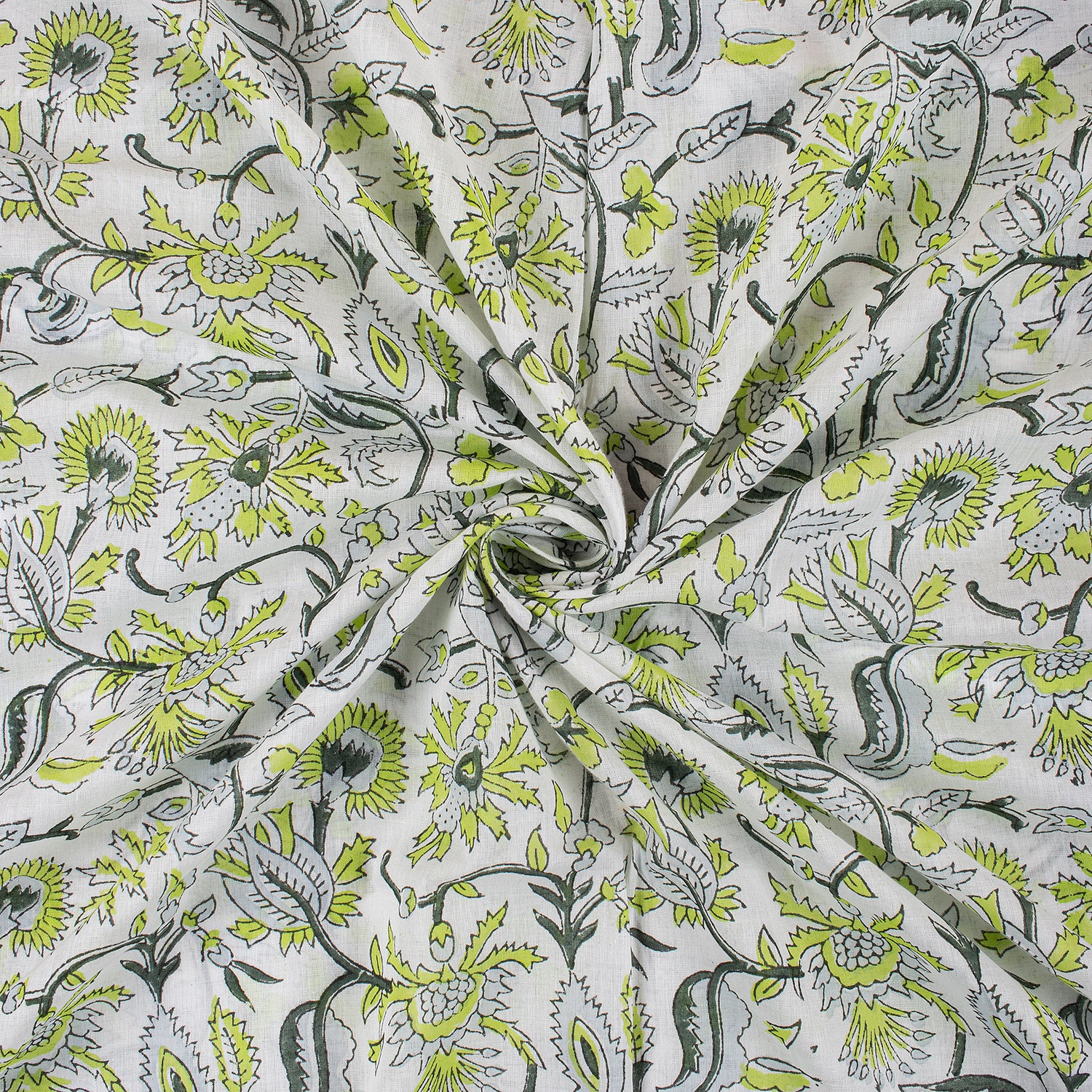 Green Floral Cotton Hand Block Print Fabric
