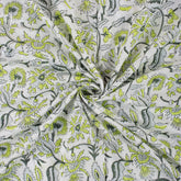 Green Floral Cotton Hand Block Print Fabric