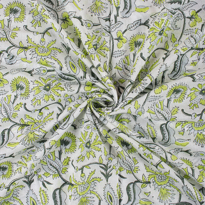Green Floral Cotton Hand Block Print Fabric