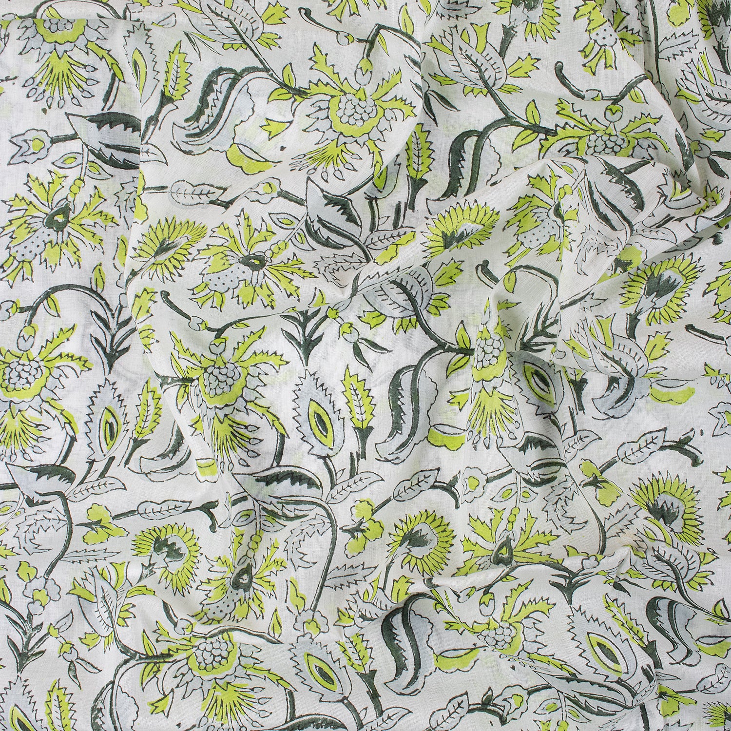 Green Floral Cotton Hand Block Print Fabric