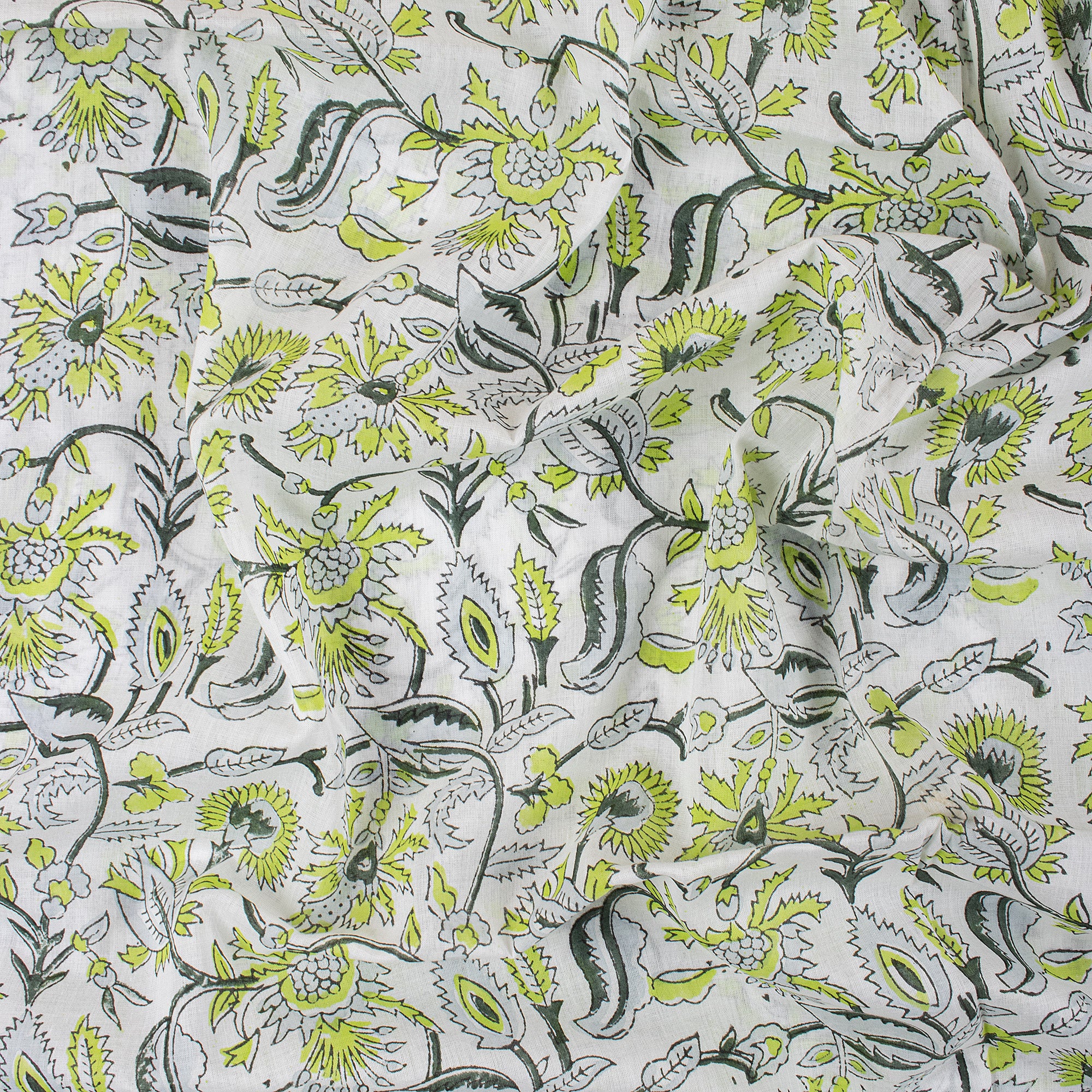 Green Floral Cotton Hand Block Print Fabric
