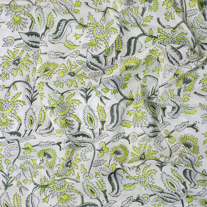 Green Floral Cotton Hand Block Print Fabric