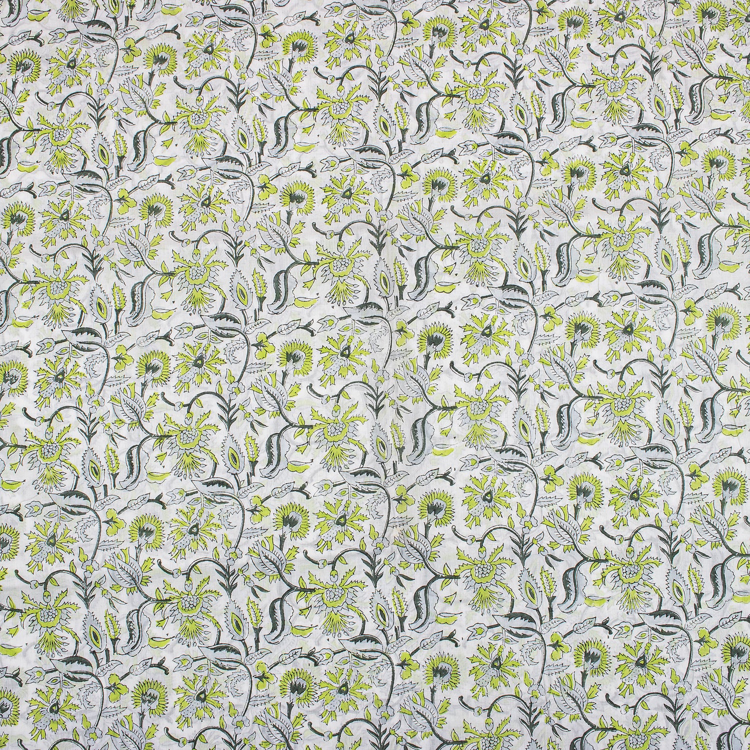 Green Floral Cotton Hand Block Print Fabric