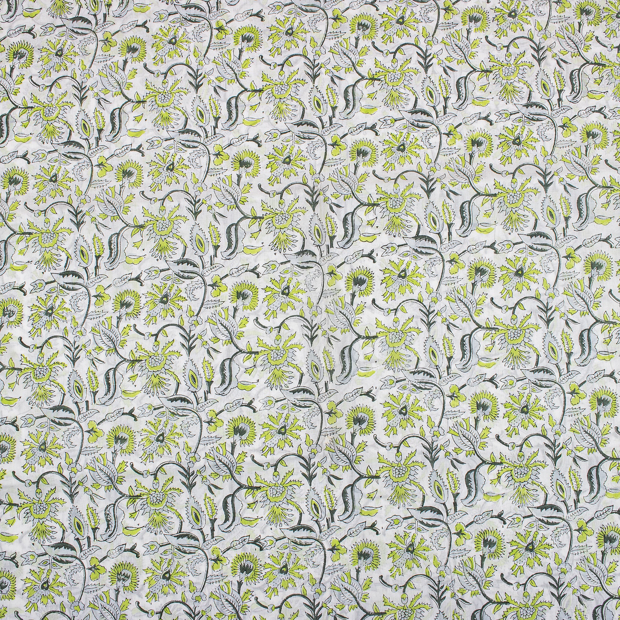 Green Floral Cotton Hand Block Print Fabric