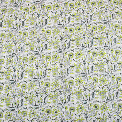 Green Floral Cotton Hand Block Print Fabric