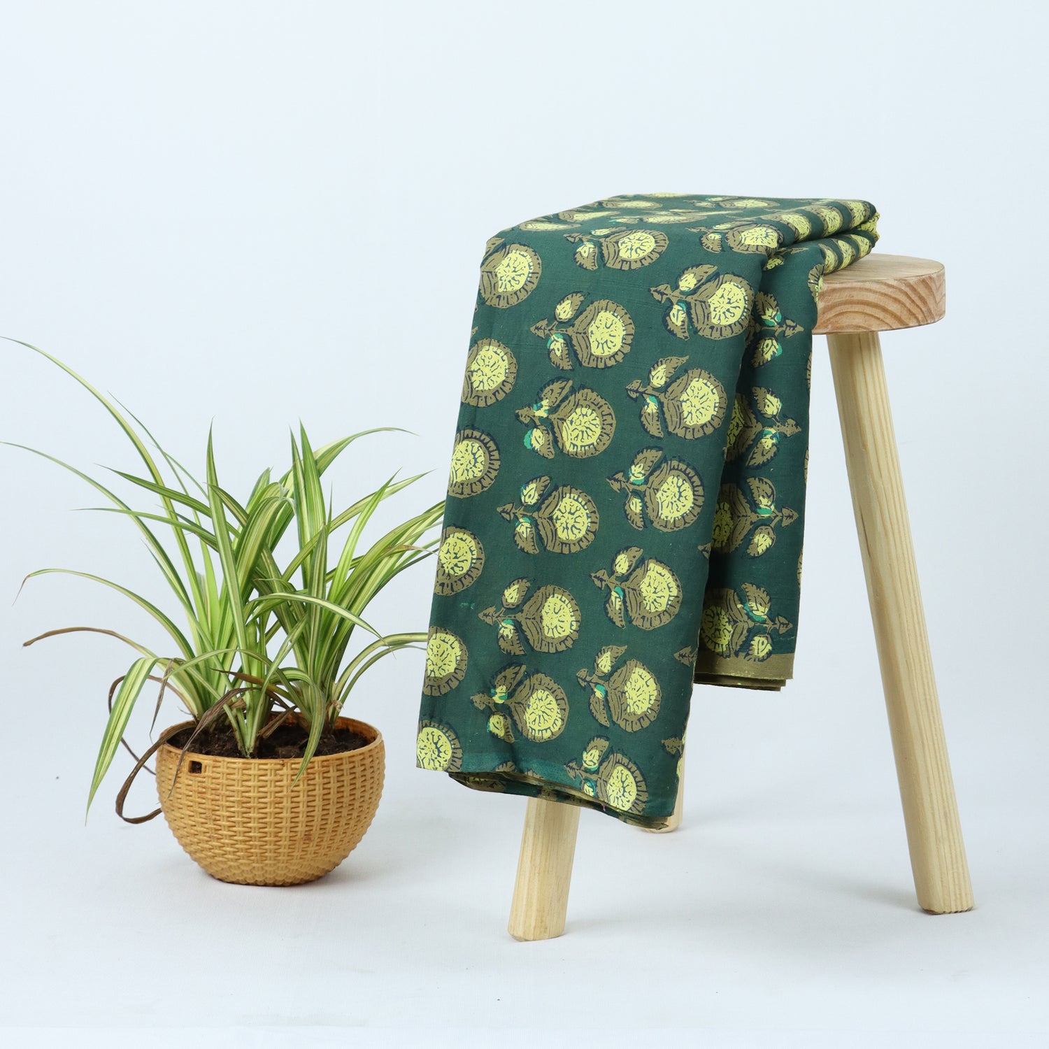 Green Floral Dabu Hand Block Print Cotton Fabric