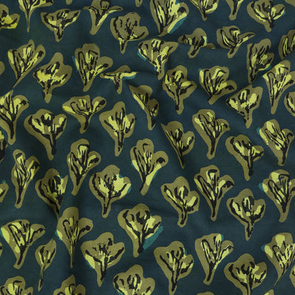 Green Floral Dabu Hand Block Print Cotton Fabric