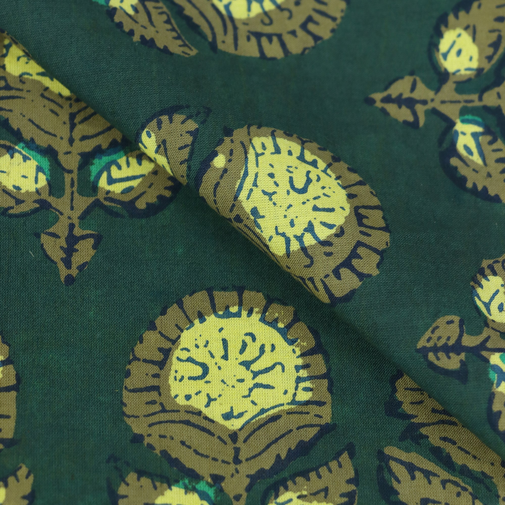 Green Floral Dabu Hand Block Print Cotton Fabric