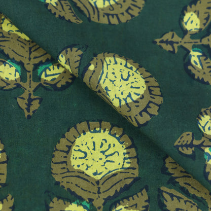 Green Floral Dabu Hand Block Print Cotton Fabric