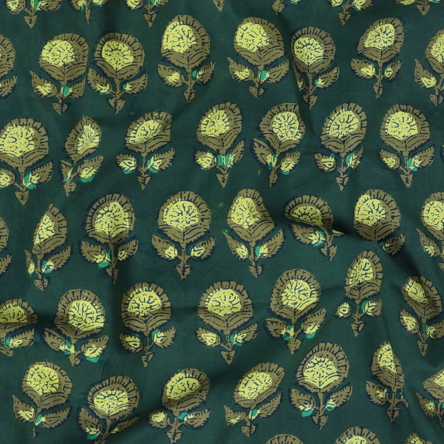 Green Floral Dabu Hand Block Print Cotton Fabric