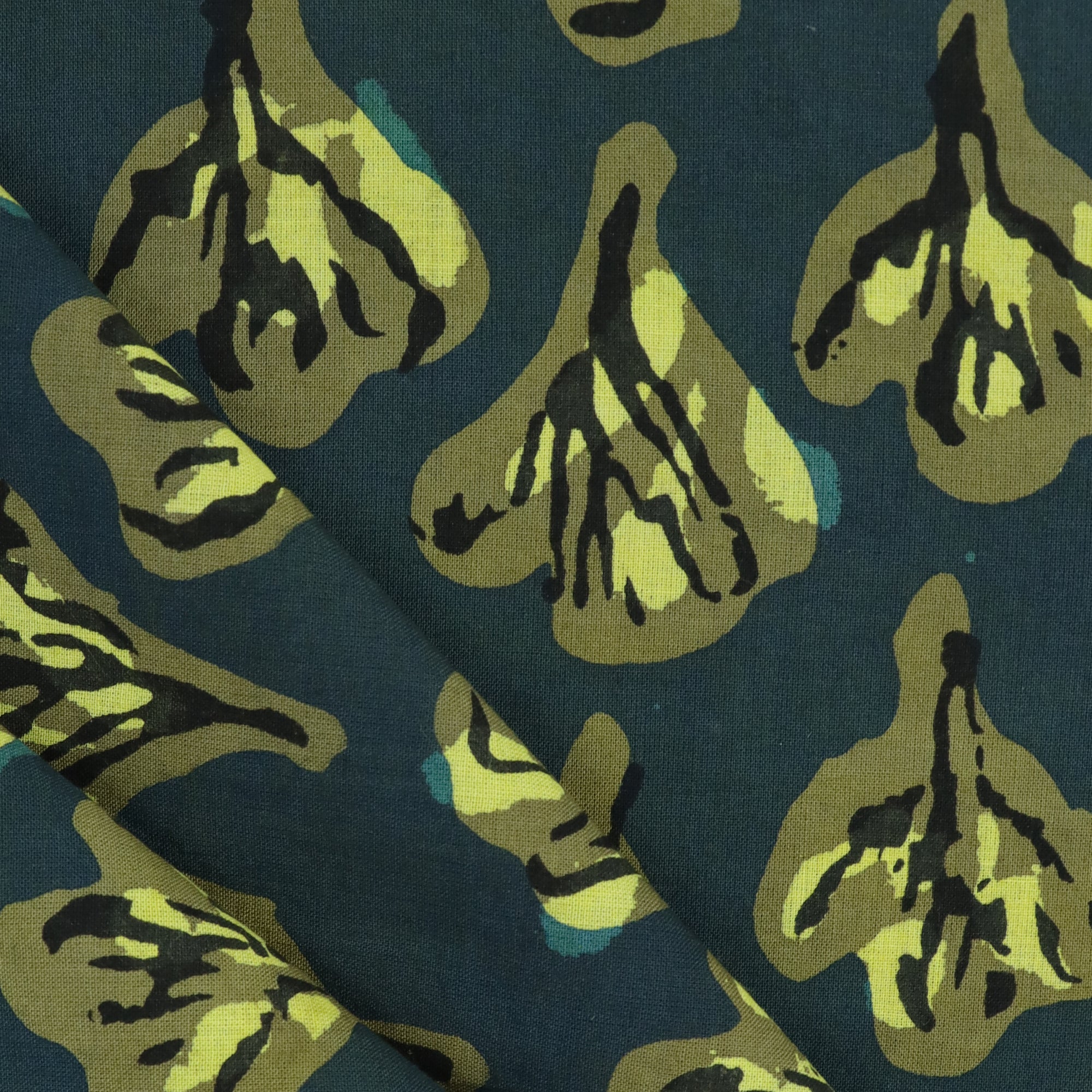 Green Floral Dabu Hand Block Print Cotton Fabric