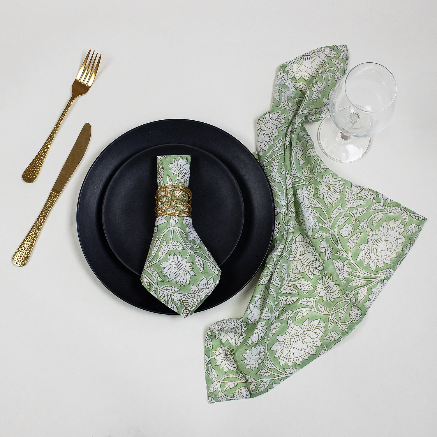 Green Floral Hand Block Printed Cotton Reusable