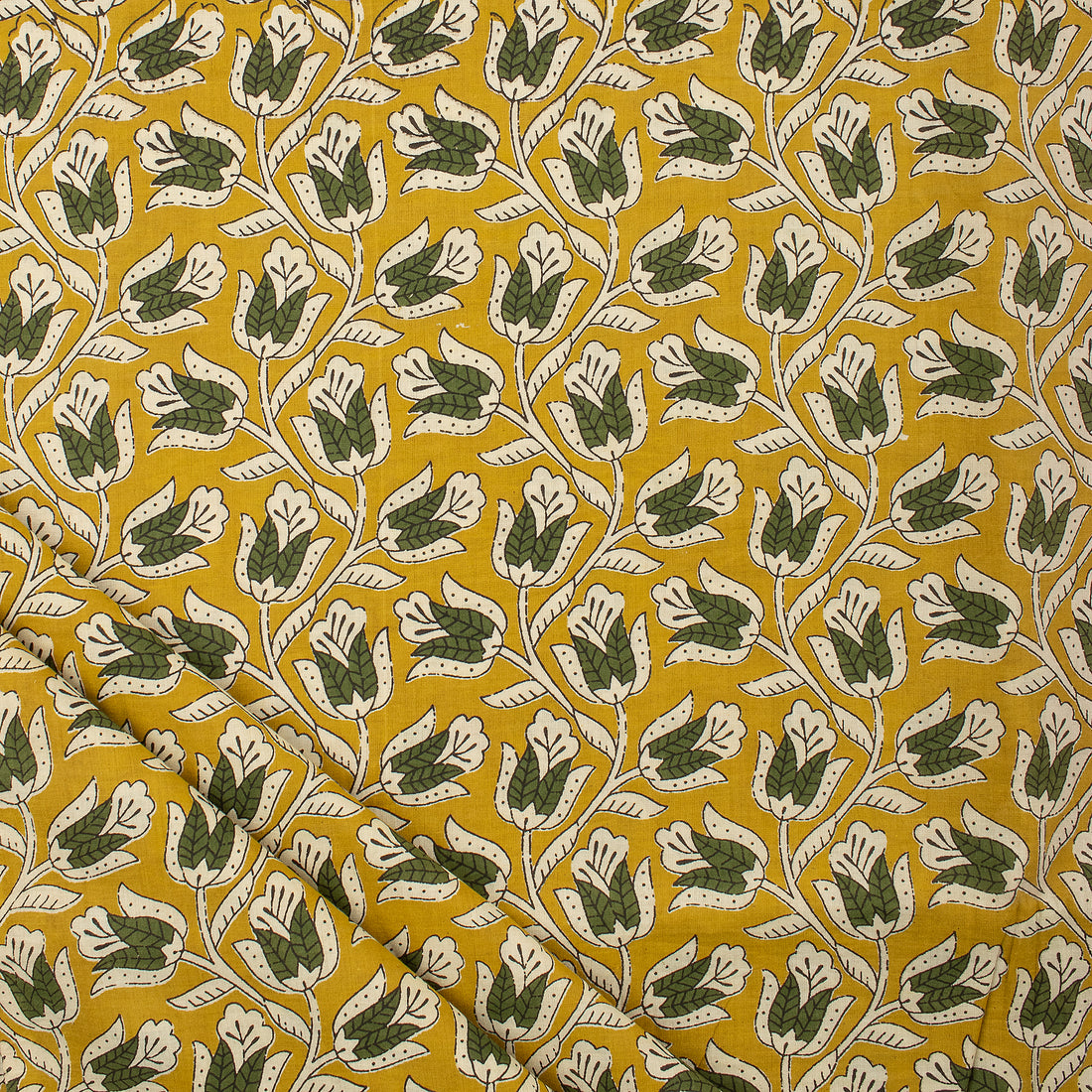 Green Floral Hand Block Printed Fabric