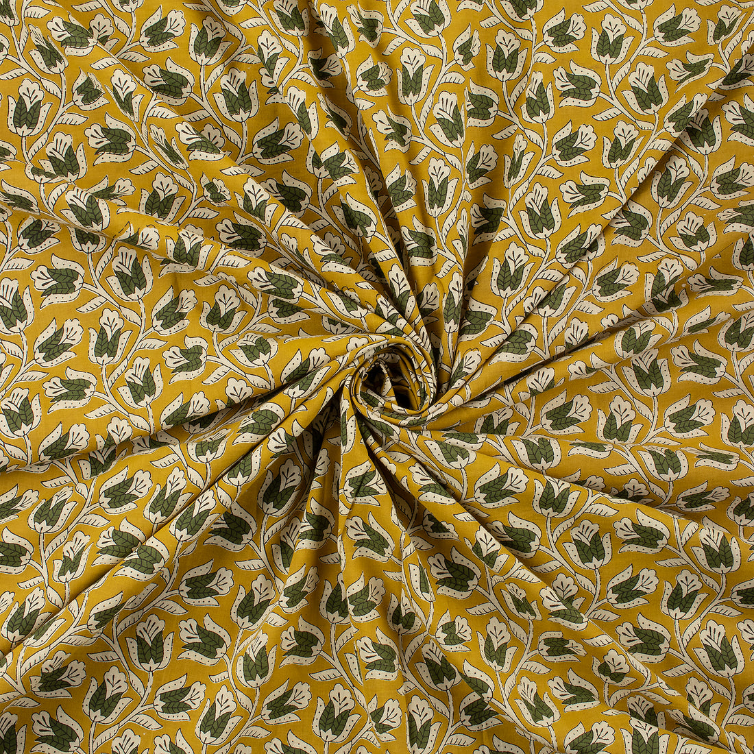 Green Floral Hand Block Printed Fabric
