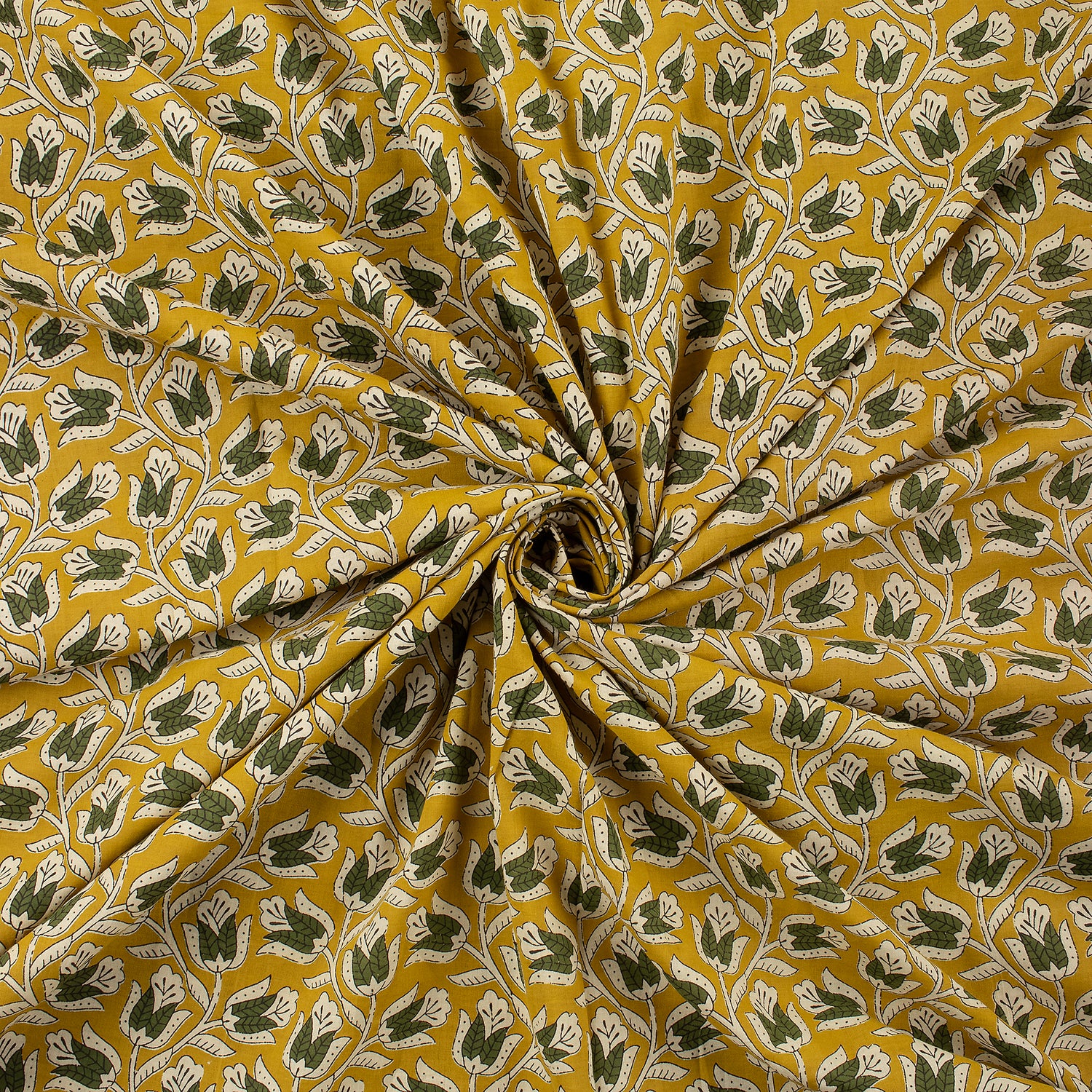 Green Floral Hand Block Printed Fabric