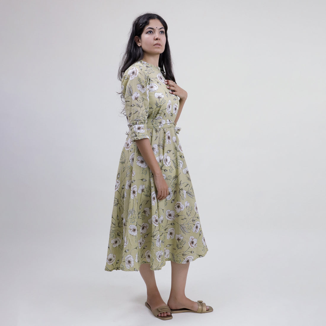 Green Floral Hand Printed Cotton Casual Midi Dress