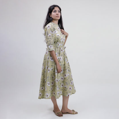 Green Floral Hand Printed Cotton Casual Midi Dress