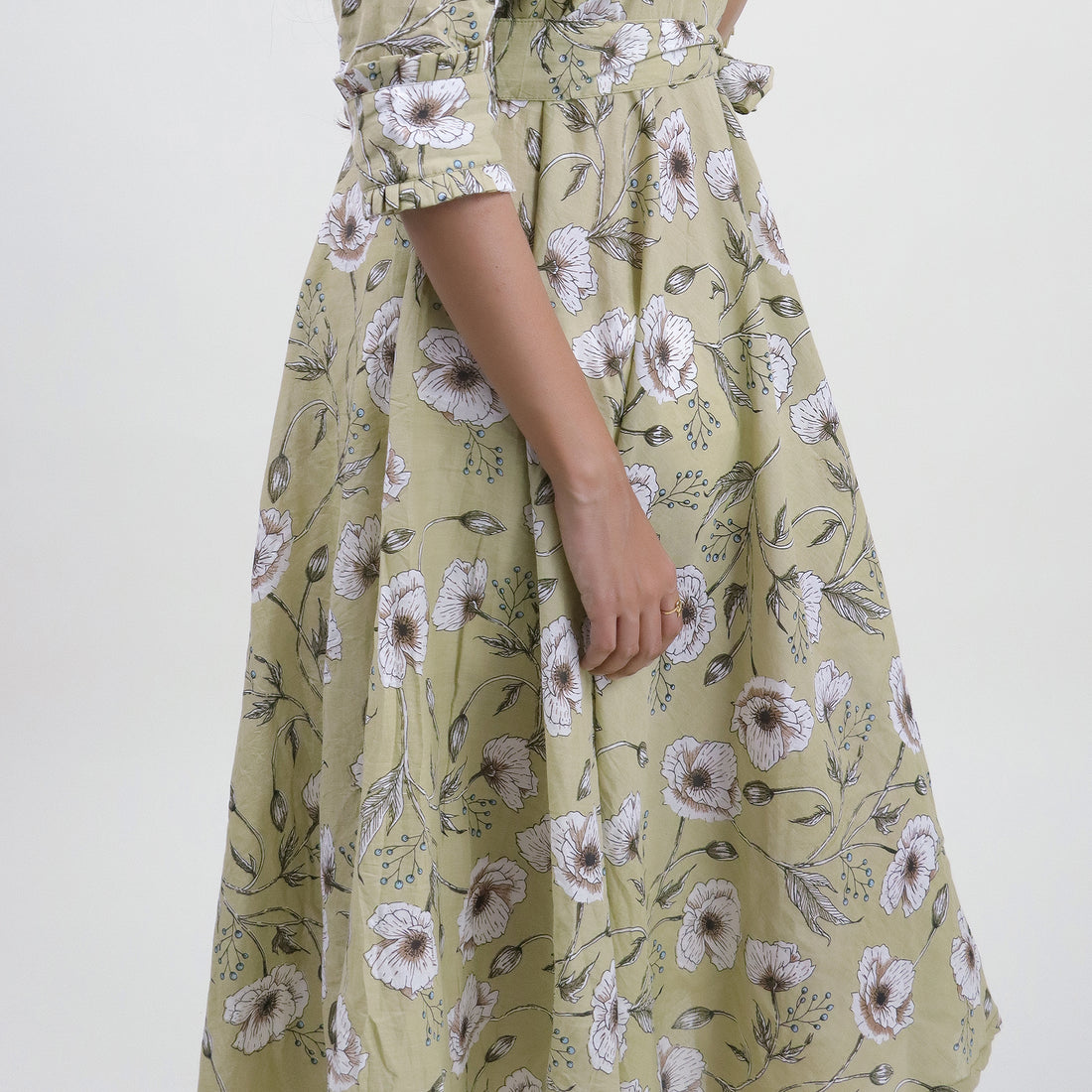 Green Floral Hand Printed Cotton Casual Midi Dress
