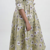 Green Floral Hand Printed Cotton Casual Midi Dress