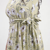 Green Floral Hand Printed Cotton Casual Midi Dress