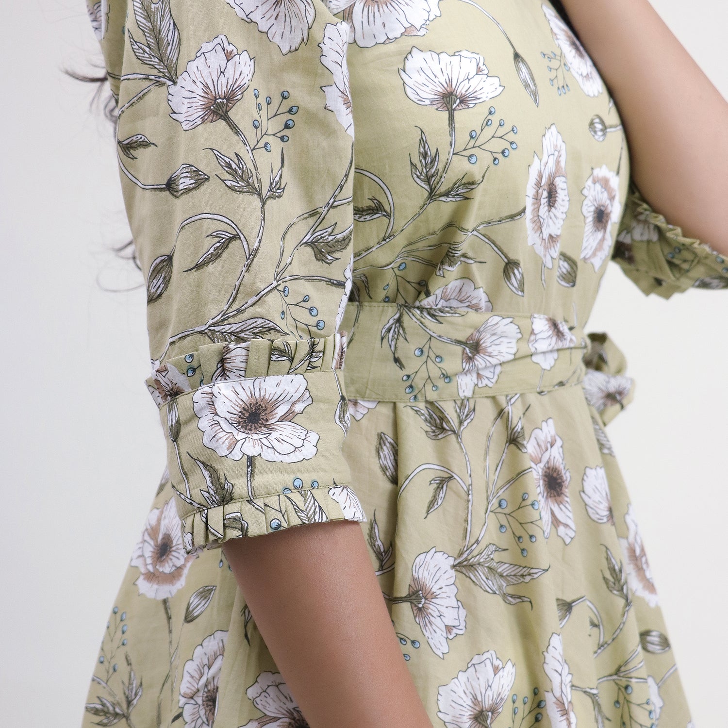 Green Floral Hand Printed Cotton Casual Midi Dress