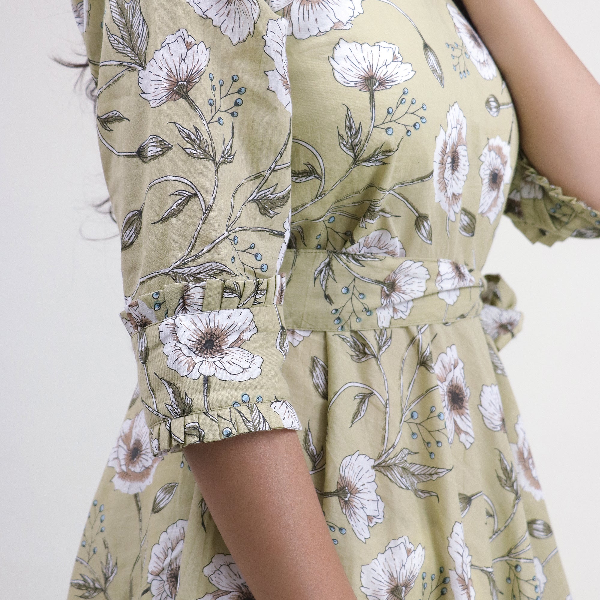 Green Floral Hand Printed Cotton Casual Midi Dress