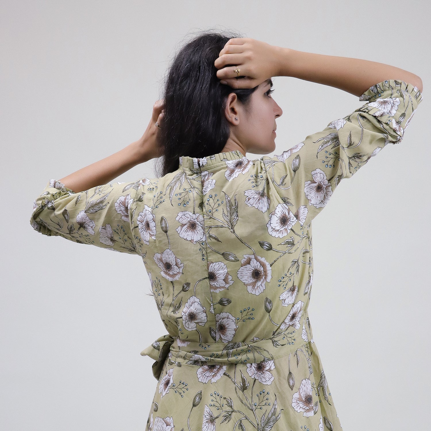 Green Floral Hand Printed Cotton Casual Midi Dress